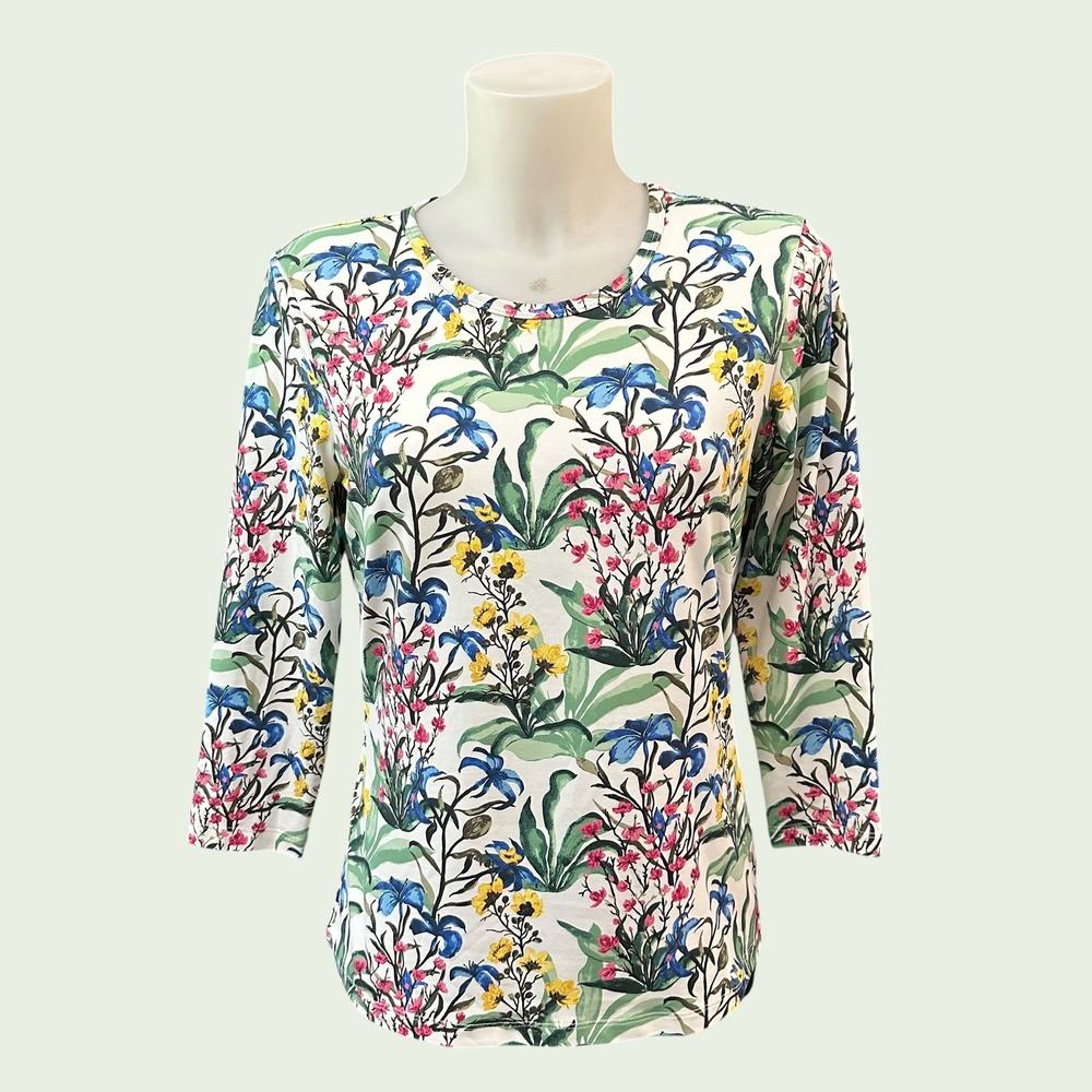 J. McLaughlin Botanical Print 3/4 Sleeve Gardenside Wrinkle Resist Top sz M